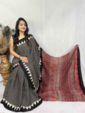 Black and Red Ajrakh Handblock Modal Silk Saree with Triangle Border