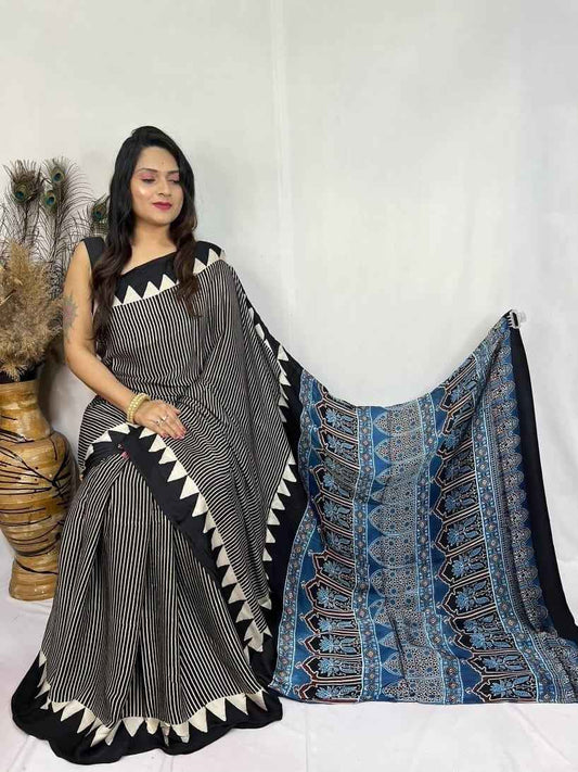 Black and Blue Ajrakh Handblock Modal Silk Saree with Triangle Border