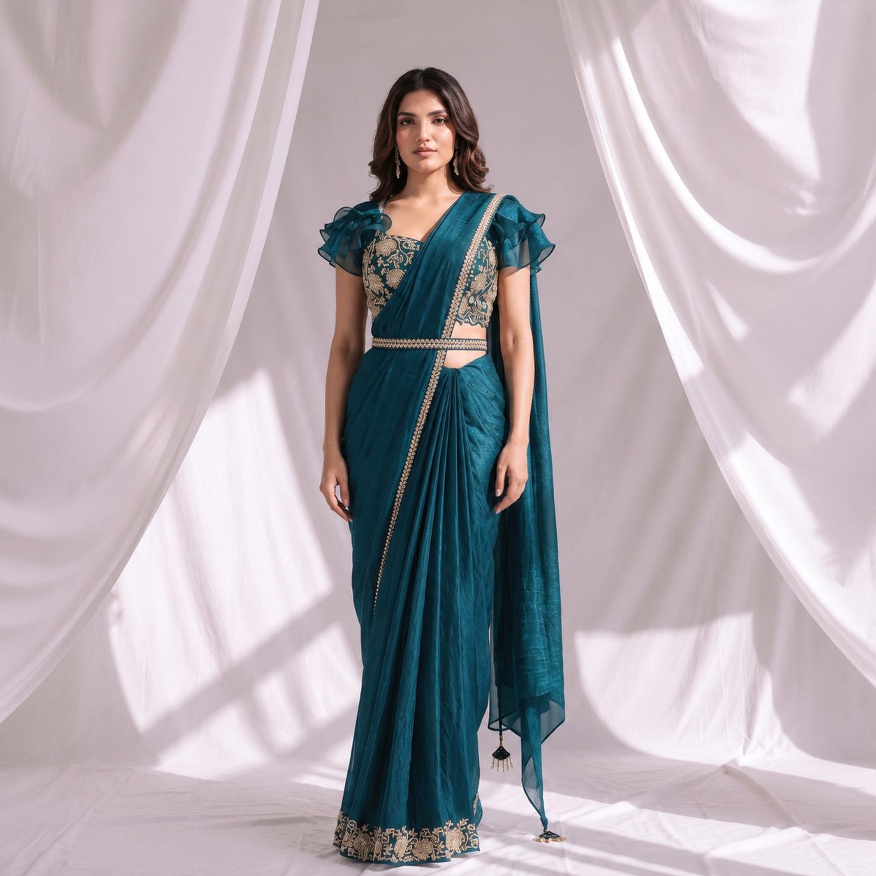Teal Blue Ready to Wear Embroidered Designer Saree with Stitched Blouse