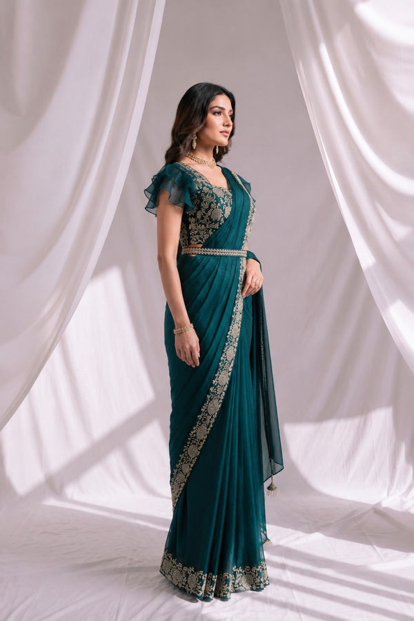 Teal Blue Ready to Wear Embroidered Designer Saree with Stitched Blouse
