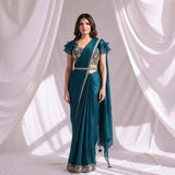 Teal Blue Ready to Wear Embroidered Designer Saree with Stitched Blouse