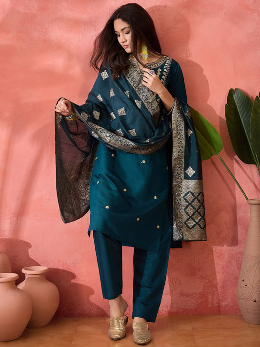 Teal Roman Silk Suit with Zari Embroidered Banarasi Dupatta