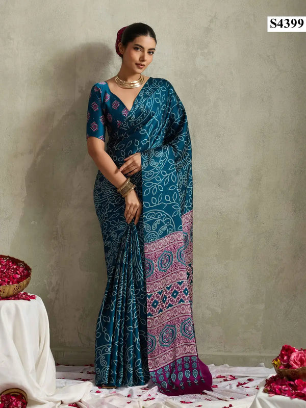 Teal Blue Bandhani Satin Printed Saree – Elegant Party Wear Look