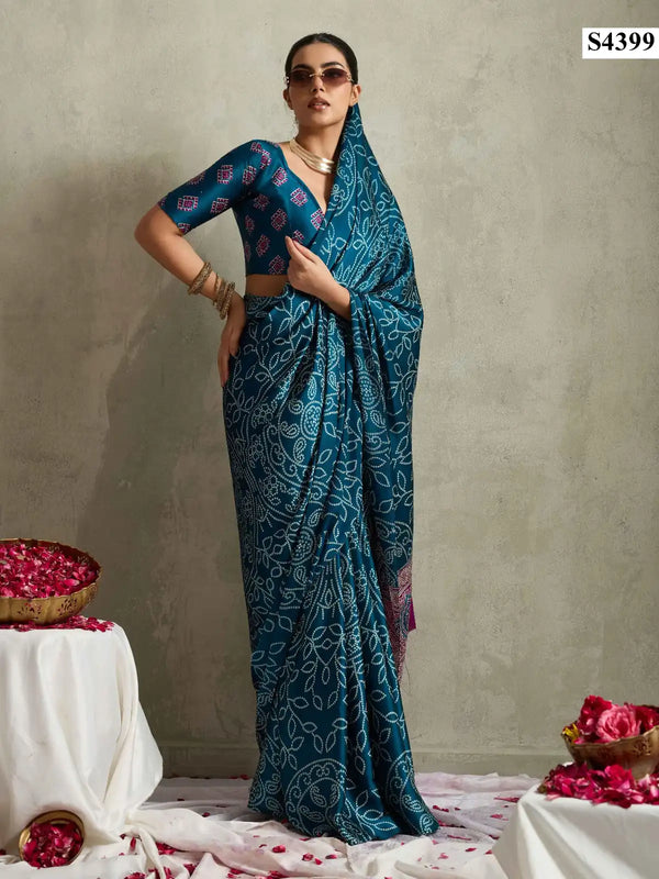 Teal Blue Bandhani Printed Satin Saree with Contrast Pallu
