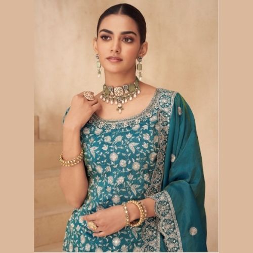 Teal Blue Real Simar Silk Designer Partywear Sharara Suit