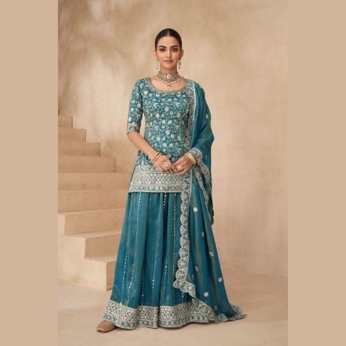 Teal Blue Partywear Designer Sharara Suit in Real Simar Silk