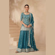 Teal Blue Partywear Designer Sharara Suit in Real Simar Silk