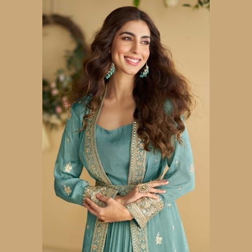 Teal Premium Chinon Silk Embroidered Shrug with Belt Gown