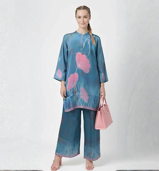 Elegant Teal Floral Office Wear Coord Set