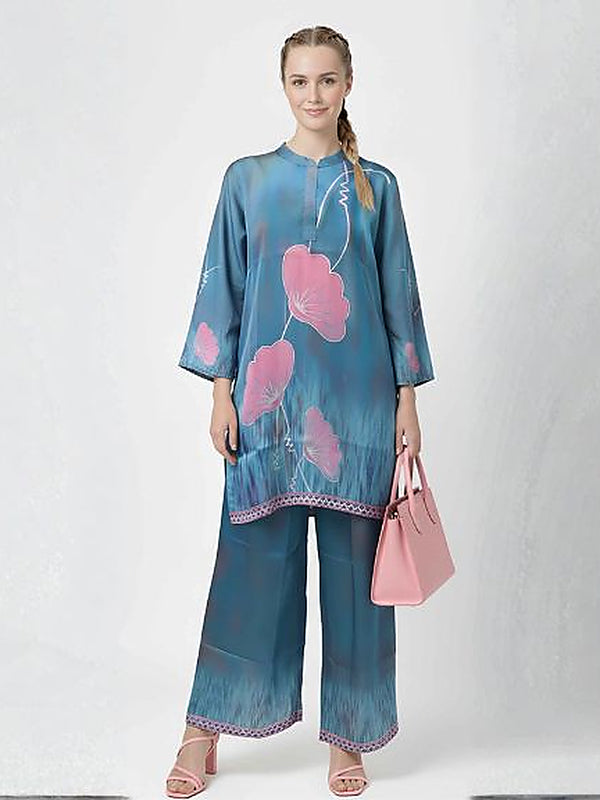 Teal Floral Satin Silk Formal Coord Set for Women