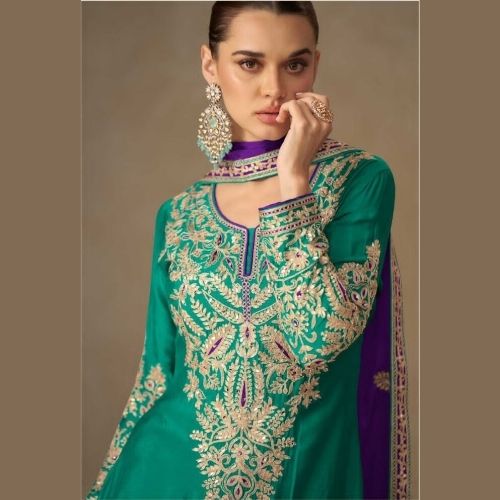 Elegant Teal Green Real Chinon Palazzo Suit with Dupatta