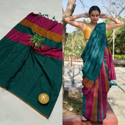 Elegant Teal Green & Wine Khadi Cotton Saree – Handloom Soft Weave