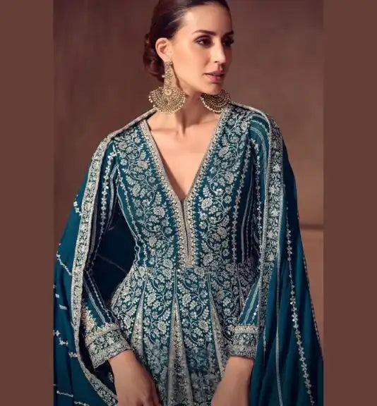 Teal Real Chinon Embroidered Party Wear Anarkali Gown with Dupatta