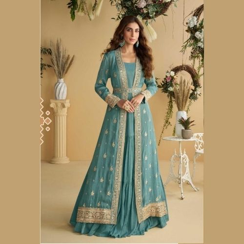 Teal Chinon Silk Party Wear Gown with Embroidered Shrug