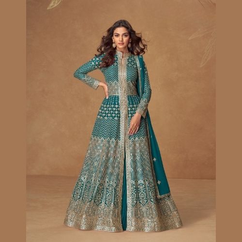 Elegant Teal Real Georgette Anarkali Gown with Dupatta