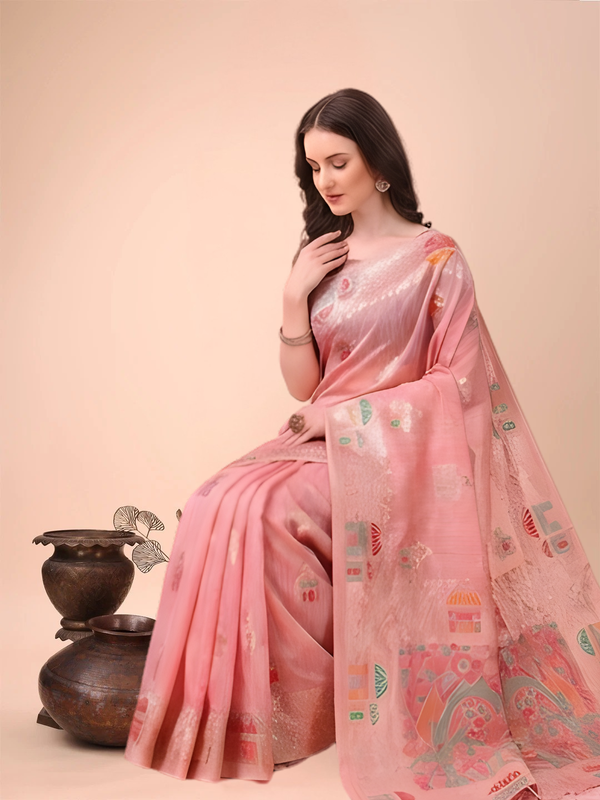 Pink Embroidered Linen Saree with Handloom Detailing