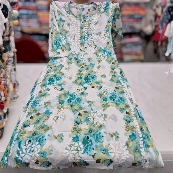 Sky Blue Floral Chikankari Kurti