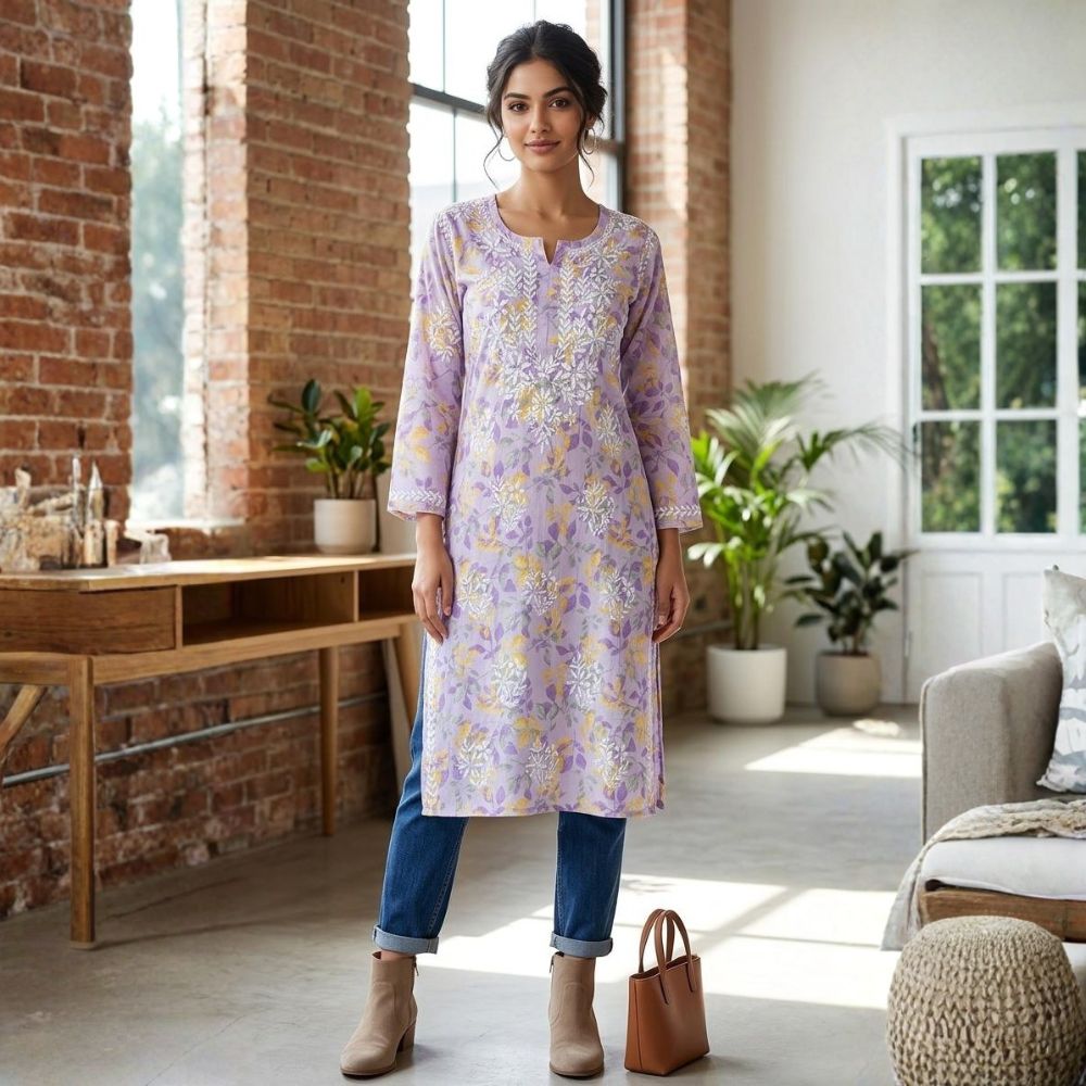 Lavender Buttery Soft Mulmul Printed Chikankari Kurti