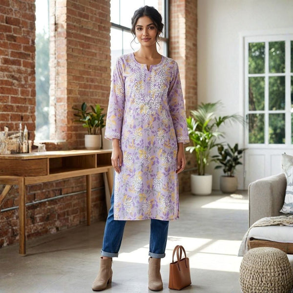 Lavender Buttery Soft Mulmul Printed Chikankari Kurti