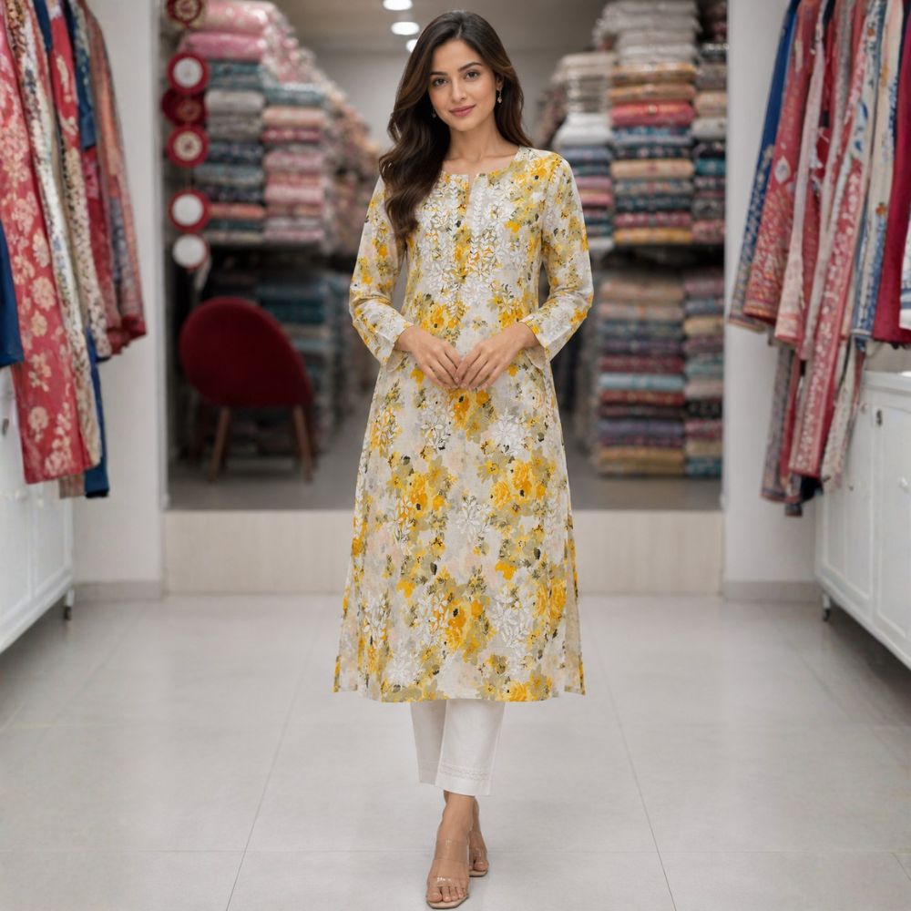 Yellow Floral Chikankari Kurti
