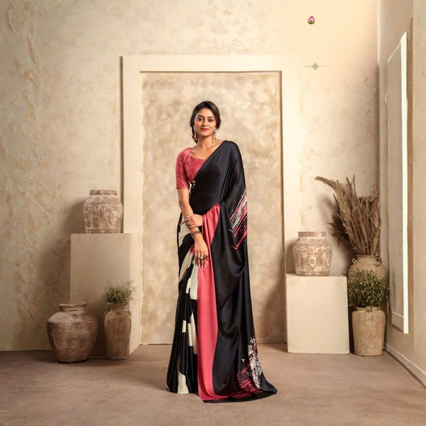 Black & Pink Designer Crepe Silk Saree