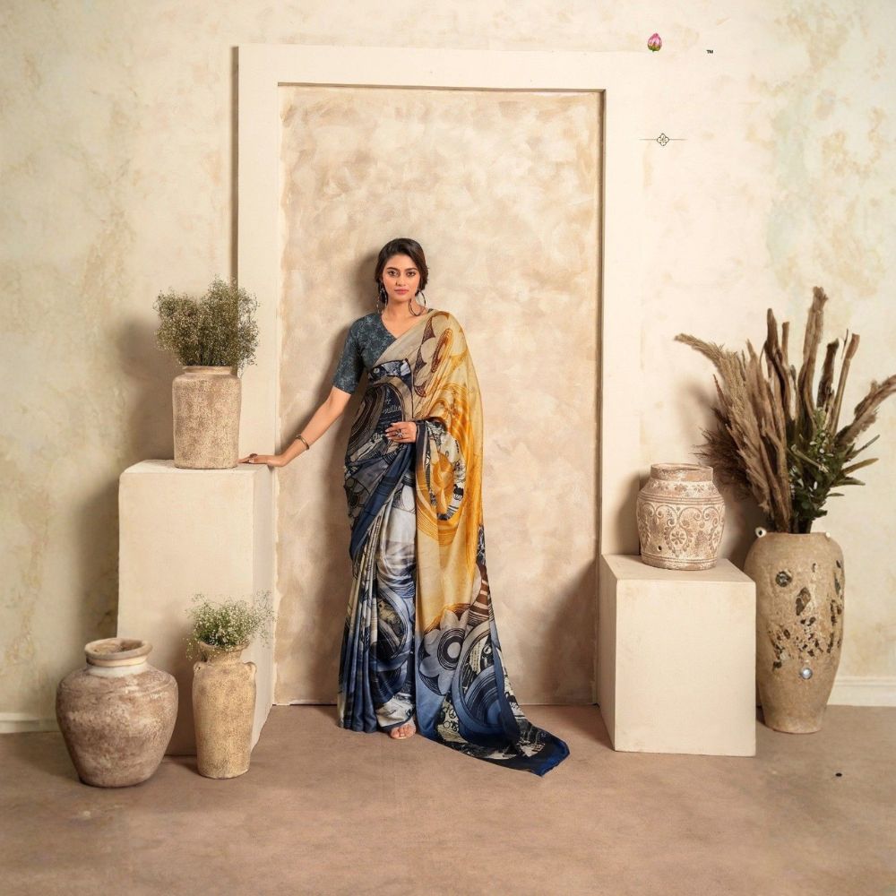Blue & Beige Designer Crepe Silk Saree