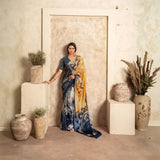 Blue & Beige Designer Crepe Silk Saree