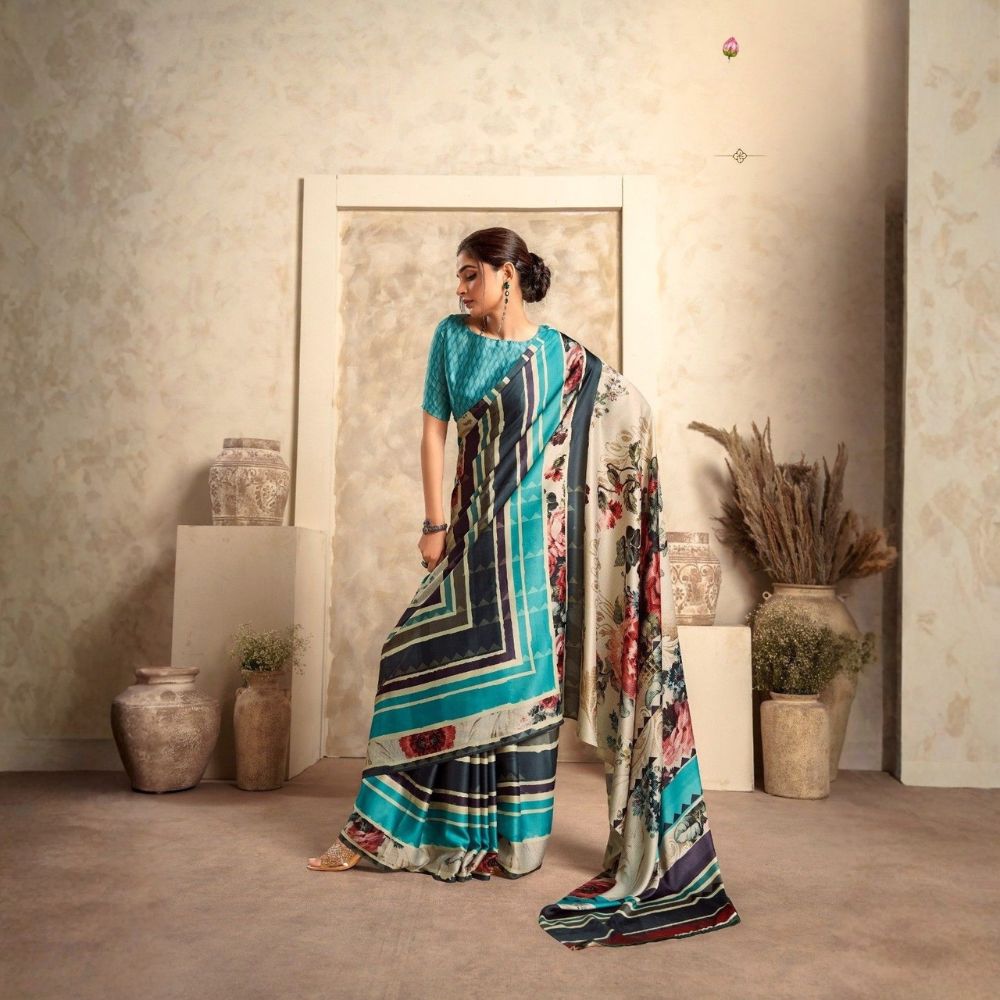 Turquoise Blue Designer Crepe Silk Saree