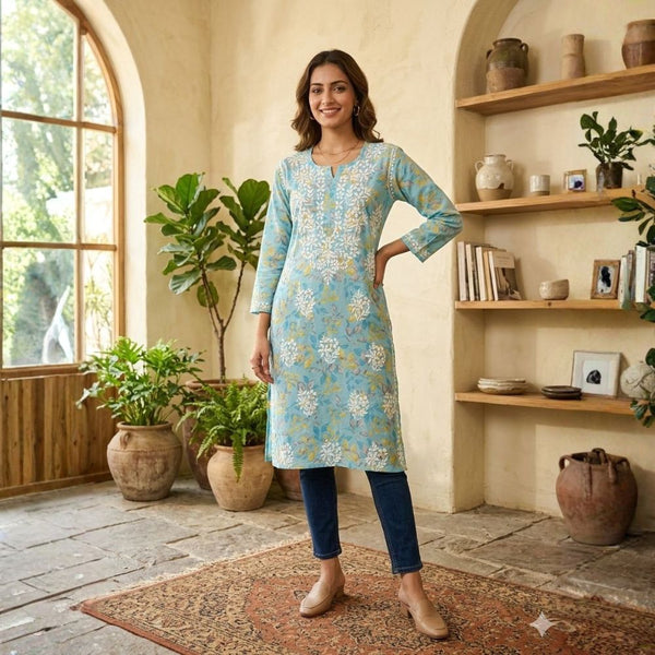 Sky Blue Buttery Soft Mulmul Printed Chikankari Kurti