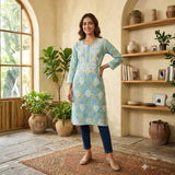 Sky Blue Buttery Soft Mulmul Printed Chikankari Kurti