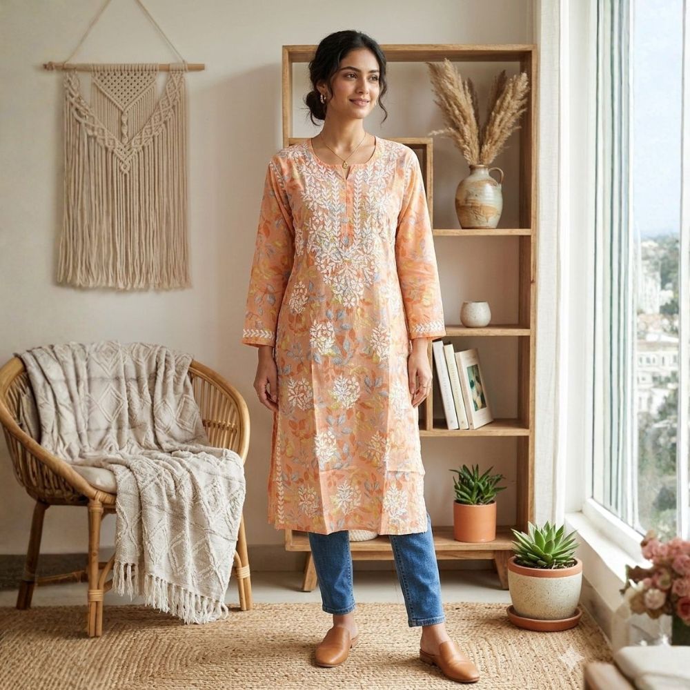 Peach Buttery Soft Mulmul Printed Chikankari Kurti