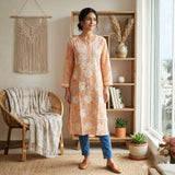 Peach Buttery Soft Mulmul Printed Chikankari Kurti