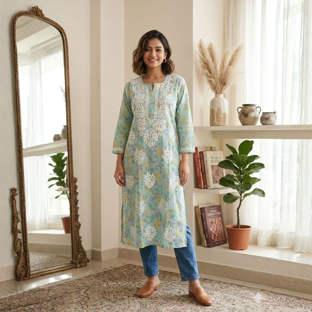 Mint Green Buttery Soft Mulmul Printed Chikankari Kurti