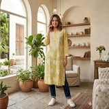 Sunshine Yellow Buttery Soft Mulmul Printed Chikankari Kurti