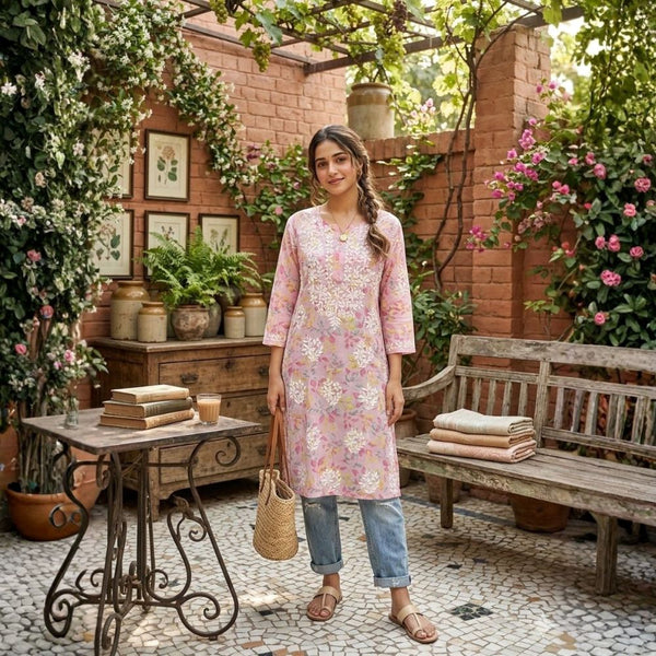 Blush Pink Buttery Soft Mulmul Printed Chikankari Kurti