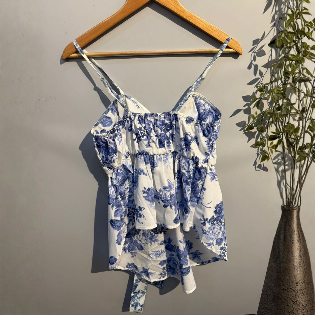 Blue Floral Cotton Spaghetti Top for Women