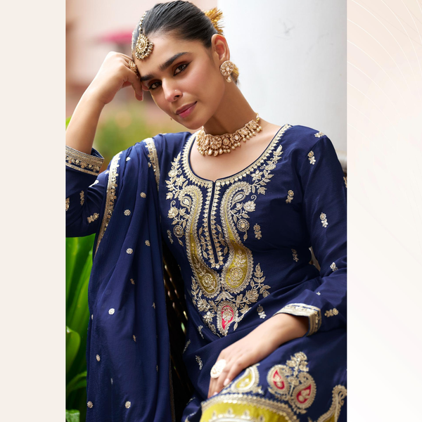 Navy Blue Real Chinon Embroidered Festive Palazzo Suit