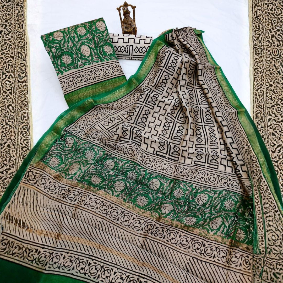 Green & Beige Cotton Silk Chanderi Unstitched Suit Set