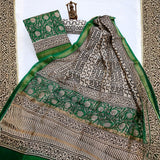 Green & Beige Cotton Silk Chanderi Unstitched Suit Set