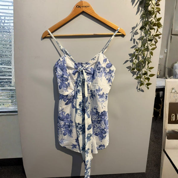 Blue Floral Cotton Spaghetti Top for Women