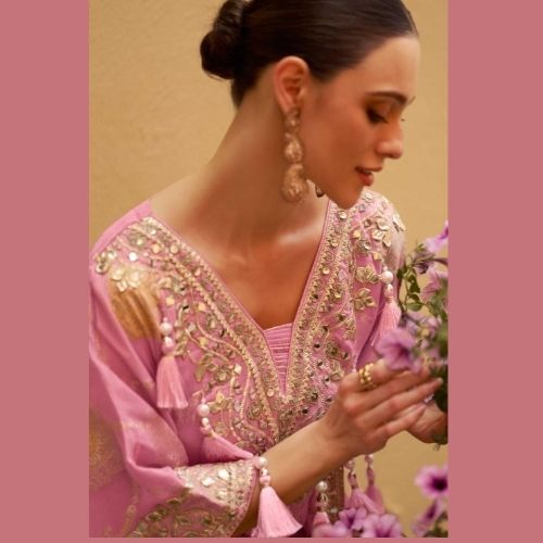 Pink Jacquard Silk Kaftan Suit with Gharara & Mirror Work