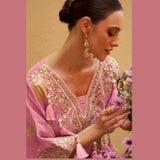 Pink Jacquard Silk Kaftan Suit with Gharara & Mirror Work