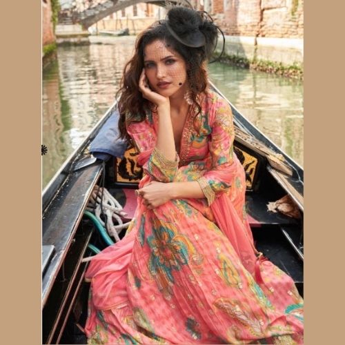 Peach Floral Chinon Silk Anarkali Gown with Embroidery & Dupatta