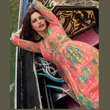 Peach Floral Chinon Silk Anarkali Gown with Embroidery & Dupatta