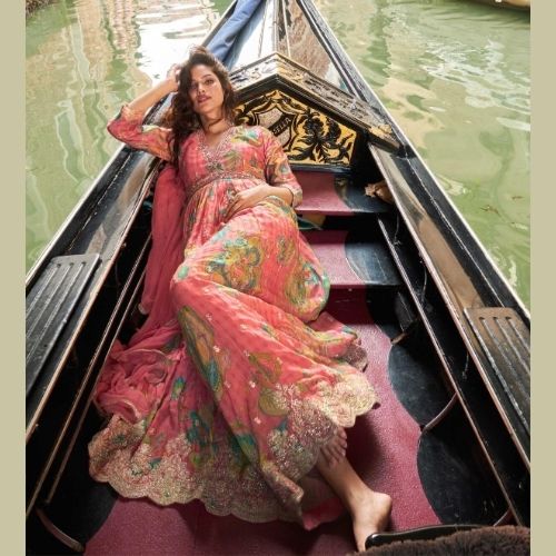 Peach Floral Chinon Silk Anarkali Gown with Embroidery & Dupatta