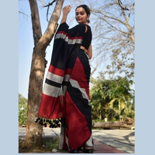 Black and Red Handloom Khadi Cotton Saree with Modern Geometric Stripes