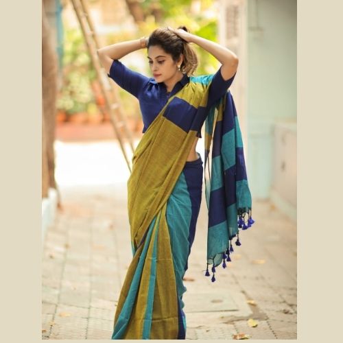 Green and Blue Striped Handloom Khadi Cotton Saree for Women