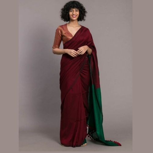 Maroon & Green Handloom Khadi Cotton Saree with Tassel Border