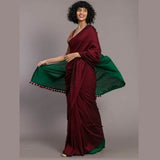 Maroon & Green Handloom Khadi Cotton Saree with Tassel Border