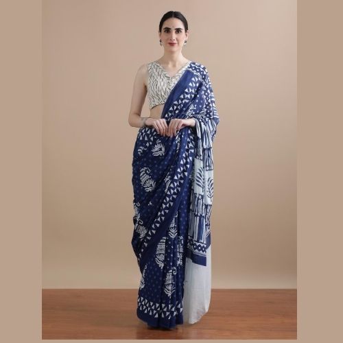 Indigo Blue Printed Cotton Mulmul Saree with White Motifs